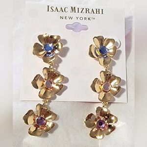 Nwt Isaac Mizrahi Gold tn Earring Flowers Simulated Stones Crystals Dangle Hang